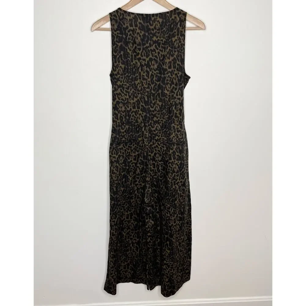 Banana Republic Womens Linen Blend Wide Leg Jumpsuit 6 Green Leopard Belted Tie